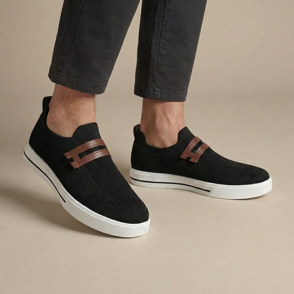 Men’s Round Toe Slip-On Faux Leather Knit Sneakers with Strap Detail