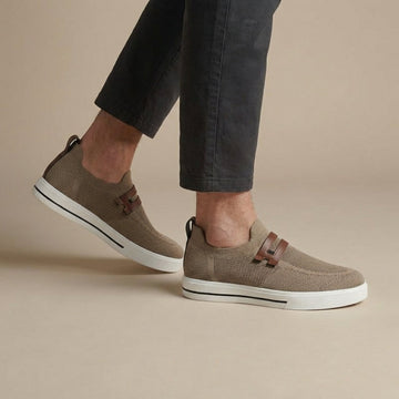 Men’s Round Toe Slip-On Faux Leather Knit Sneakers with Strap Detail