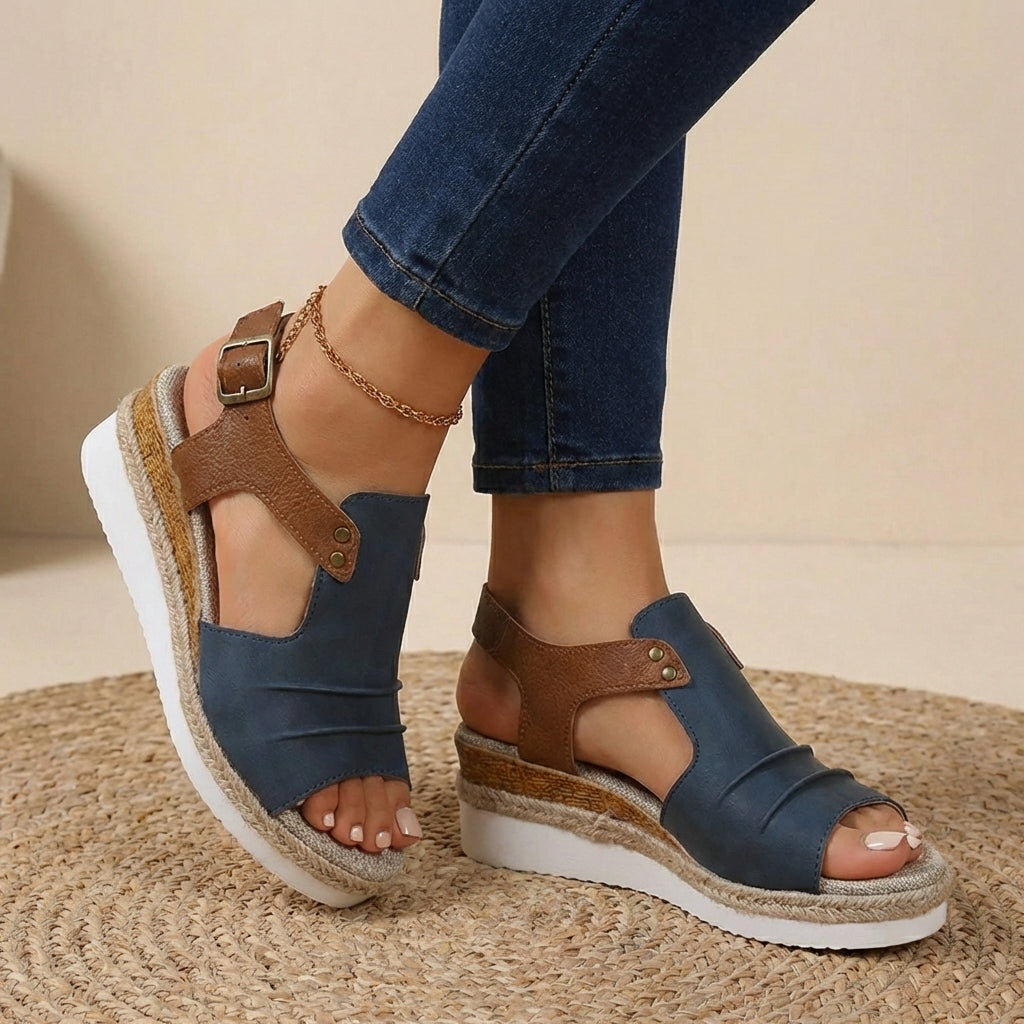 Women's Peep Toe Wedge Sandals - T-Strap Cutout Vamp - Slingback Buckle Strap - Espadrille Platform Sole