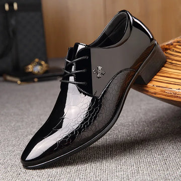 Men’s Leather Lace-Up Oxford Dress Shoes with Pointed Toe and Gloss Finish