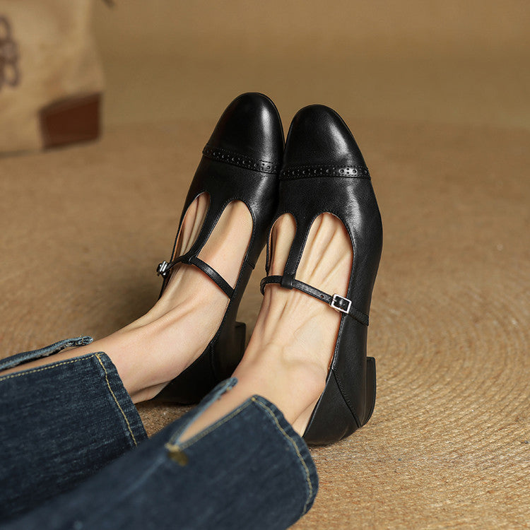 Women's Classic Mary Jane Shoes - T-Strap Buckle - Cowhide Leather - Low Heel