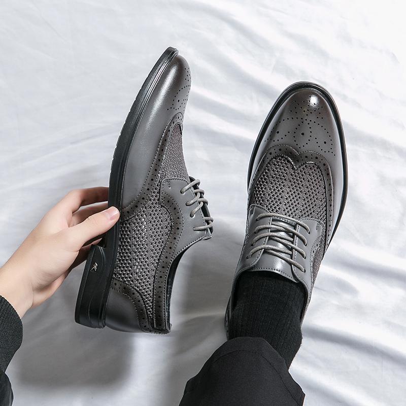 Men’s Almond Toe Lace-Up Dress Shoes with Perforated Wingtip Detail and Block Heel