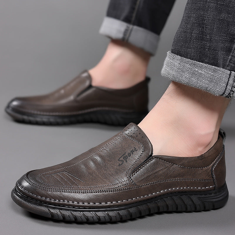 Men's Leather Slip-On Loafers - Textured Upper - Rubber Sole