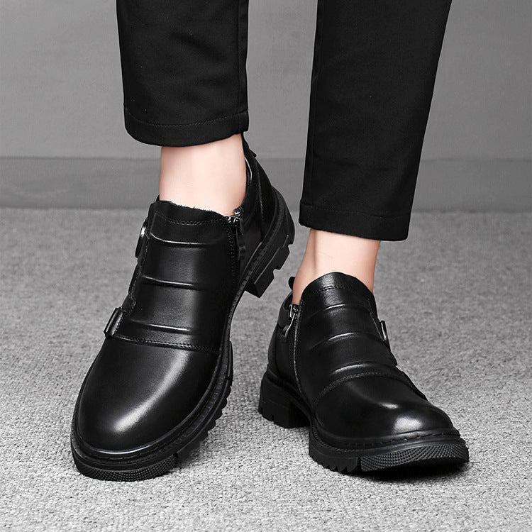 Men’s Buckle Strap Leather Shoes – Casual Smart Slip-On with Side Zipper