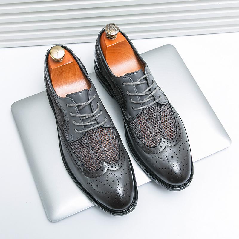 Men’s Almond Toe Lace-Up Dress Shoes with Perforated Wingtip Detail and Block Heel