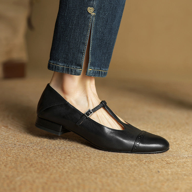 Women's Classic Mary Jane Shoes - T-Strap Buckle - Cowhide Leather - Low Heel