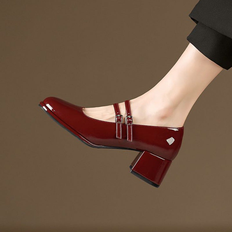 Women's Mary Jane Heels - Genuine Leather Double-Strap Block Heel Pumps