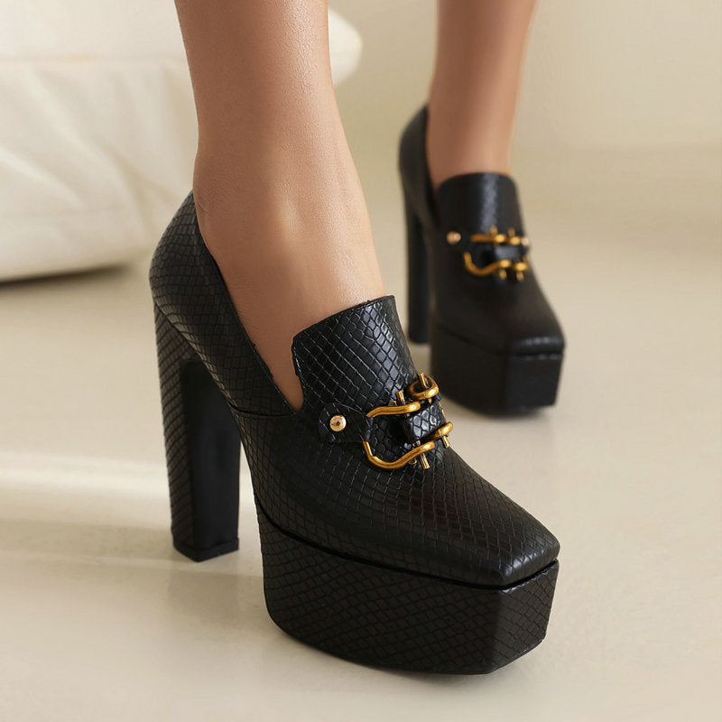 Women's Platform Heels – Square Toe Block Heel Loafer Pump with Metal Chain Detail