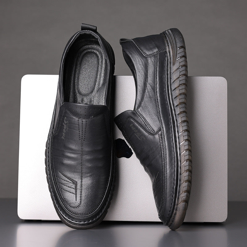 Men's Leather Slip-On Loafers - Textured Upper - Rubber Sole