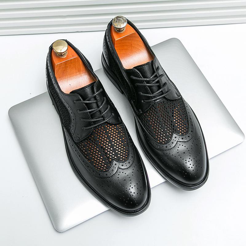 Men’s Almond Toe Lace-Up Dress Shoes with Perforated Wingtip Detail and Block Heel