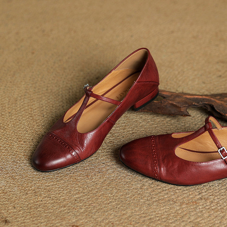 Women's Classic Mary Jane Shoes - T-Strap Buckle - Cowhide Leather - Low Heel