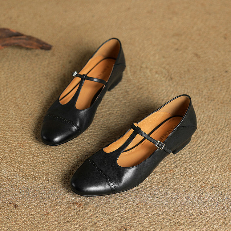 Women's Classic Mary Jane Shoes - T-Strap Buckle - Cowhide Leather - Low Heel