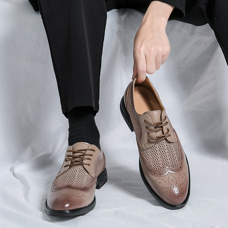 Men’s Almond Toe Lace-Up Dress Shoes with Perforated Wingtip Detail and Block Heel