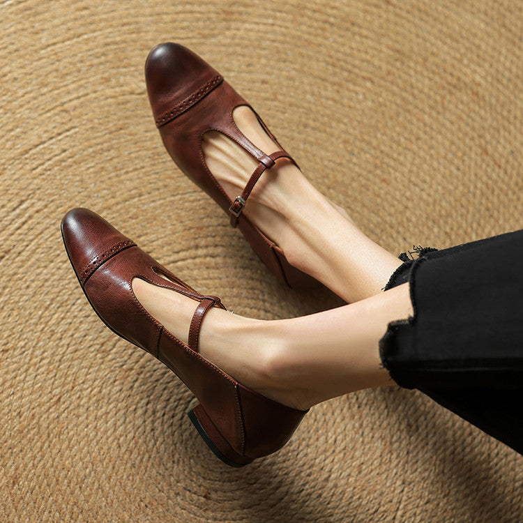 Women's Classic Mary Jane Shoes - T-Strap Buckle - Cowhide Leather - Low Heel