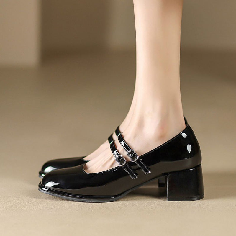 Women's Mary Jane Heels - Genuine Leather Double-Strap Block Heel Pumps