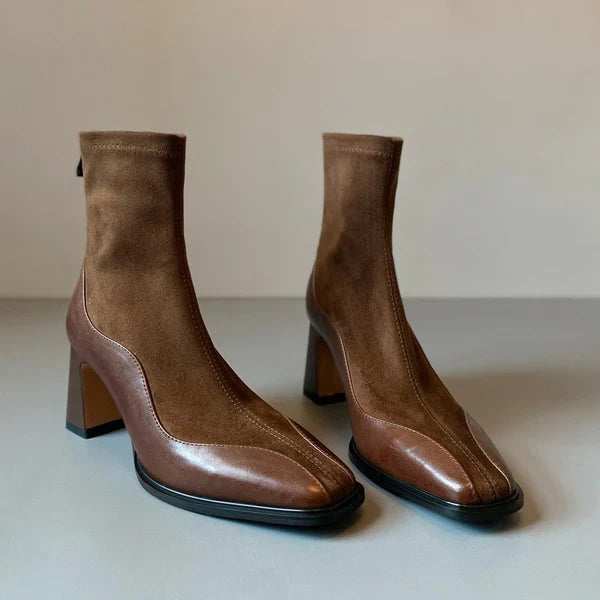 Women’s Ankle Boots with Block Heel and Spliced Panel Design