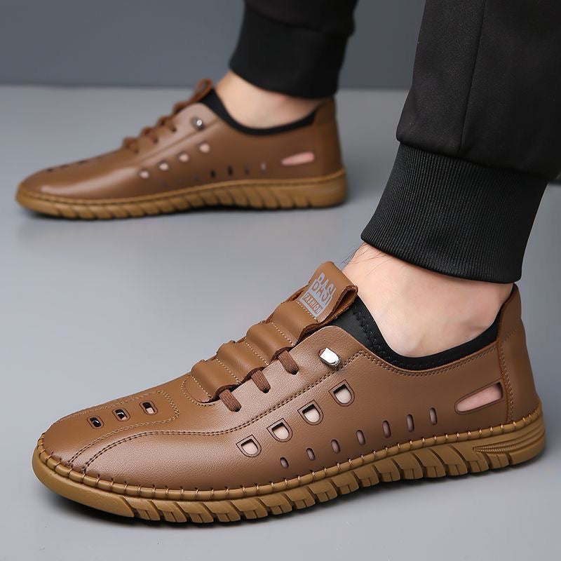 Men's Perforated Cutout Sneakers - Lace-Up - Low-Top - Textured Sole