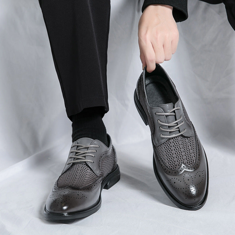 Men’s Almond Toe Lace-Up Dress Shoes with Perforated Wingtip Detail and Block Heel
