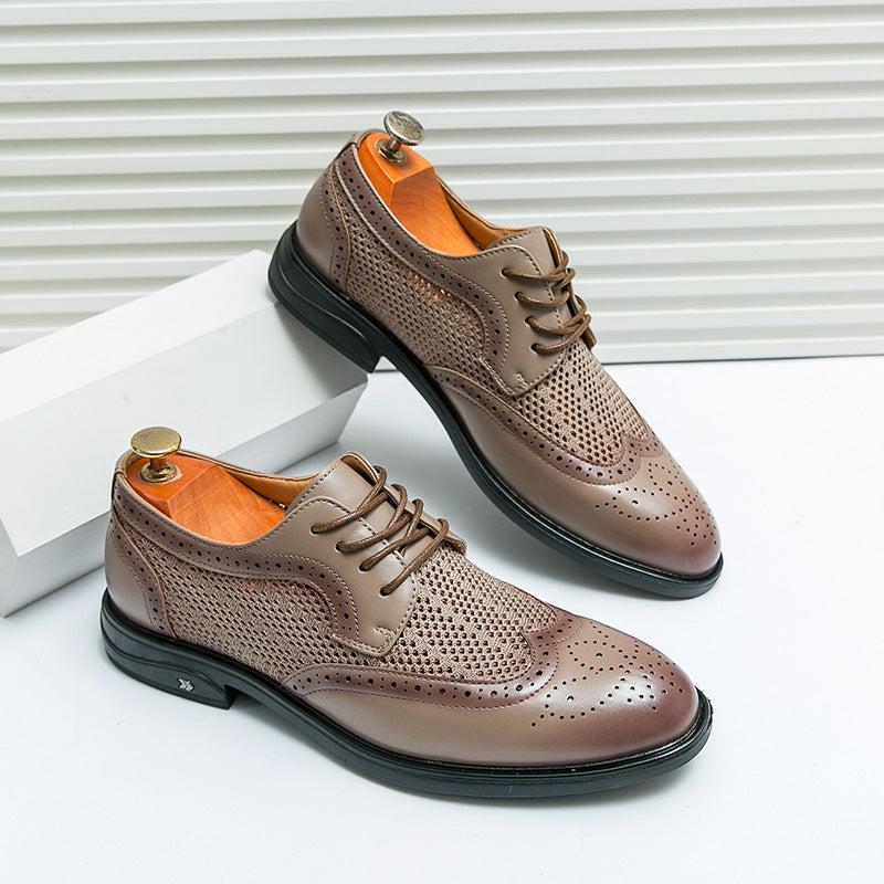 Men’s Almond Toe Lace-Up Dress Shoes with Perforated Wingtip Detail and Block Heel
