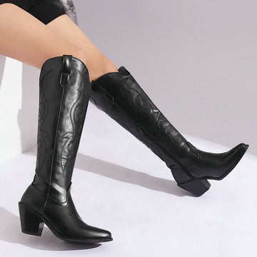 Women’s Knee-High Western Boots with Rounded Toe and Block Heel