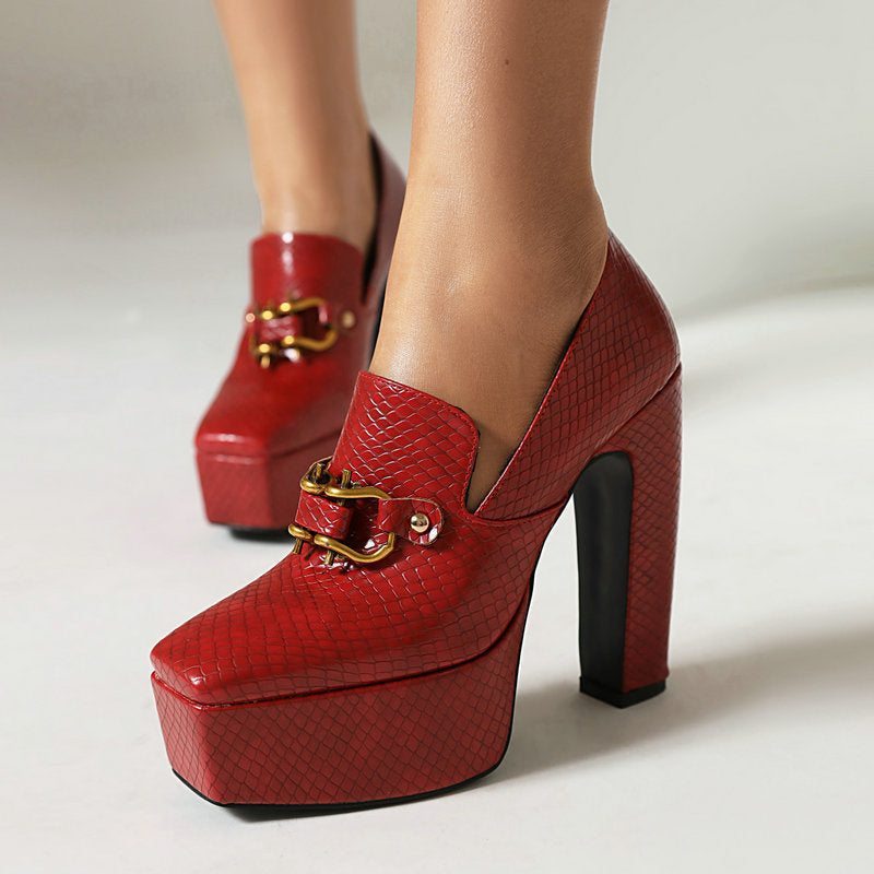 Women's Platform Heels – Square Toe Block Heel Loafer Pump with Metal Chain Detail
