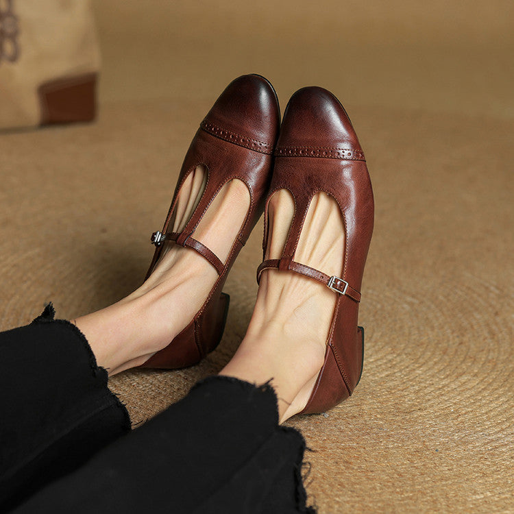 Women's Classic Mary Jane Shoes - T-Strap Buckle - Cowhide Leather - Low Heel