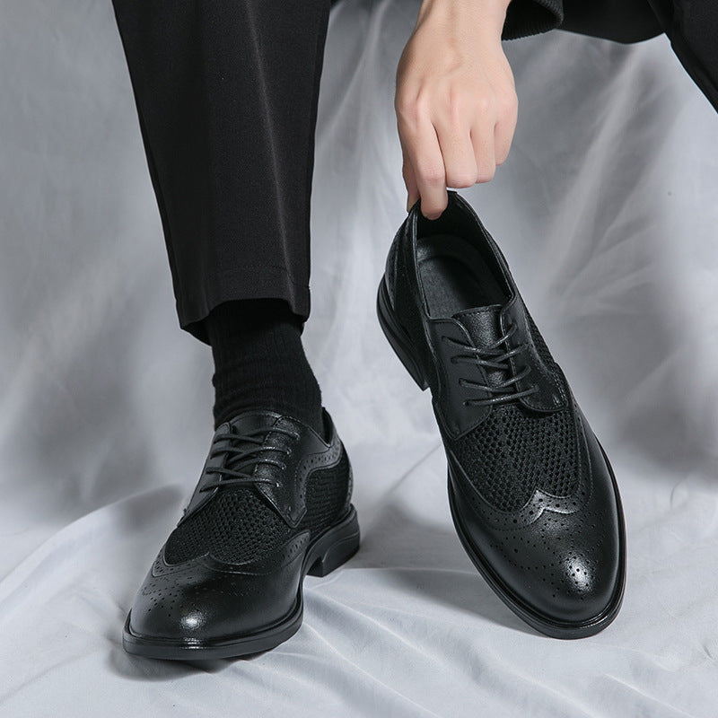 Men’s Almond Toe Lace-Up Dress Shoes with Perforated Wingtip Detail and Block Heel