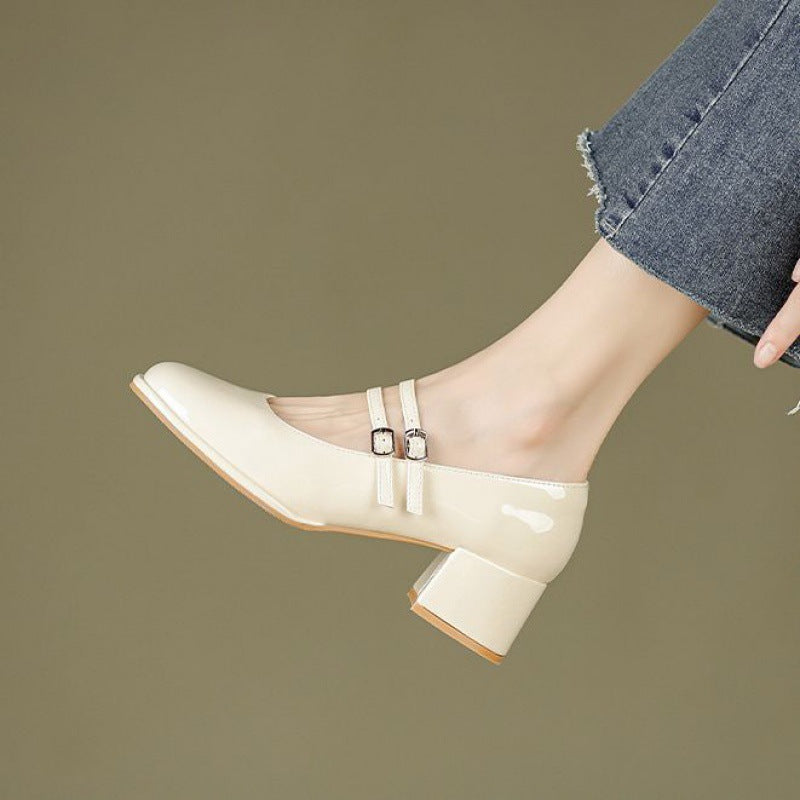 Women's Mary Jane Heels - Genuine Leather Double-Strap Block Heel Pumps