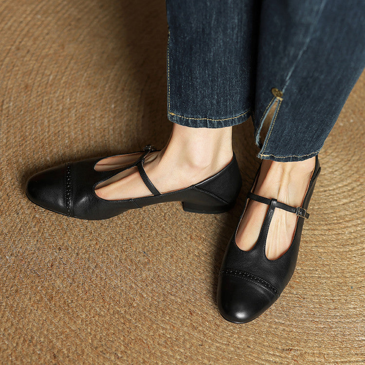 Women's Classic Mary Jane Shoes - T-Strap Buckle - Cowhide Leather - Low Heel