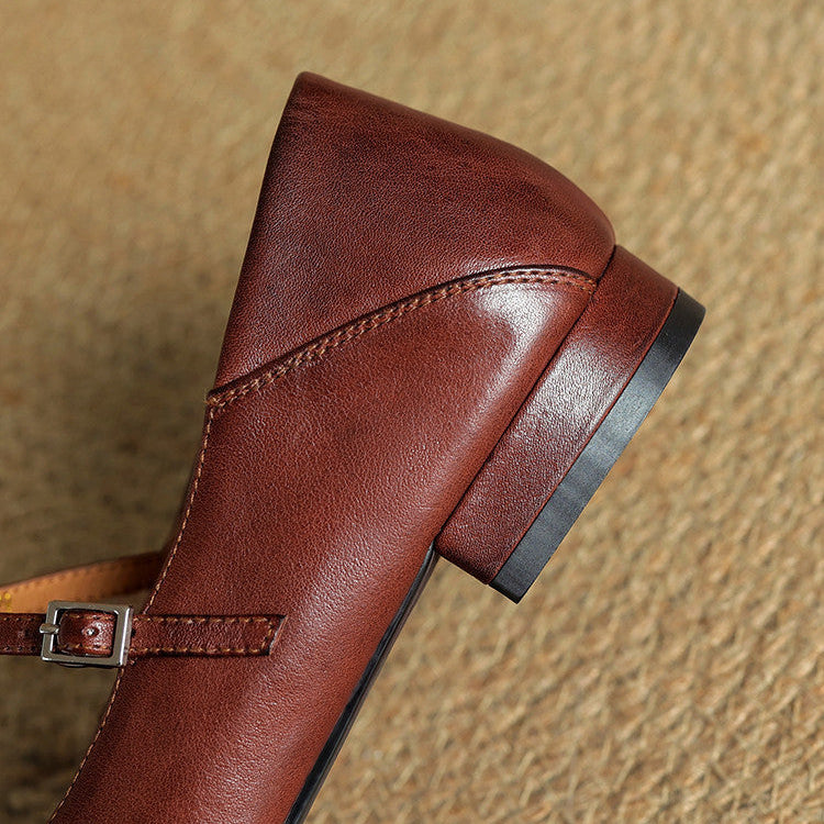 Women's Classic Mary Jane Shoes - T-Strap Buckle - Cowhide Leather - Low Heel