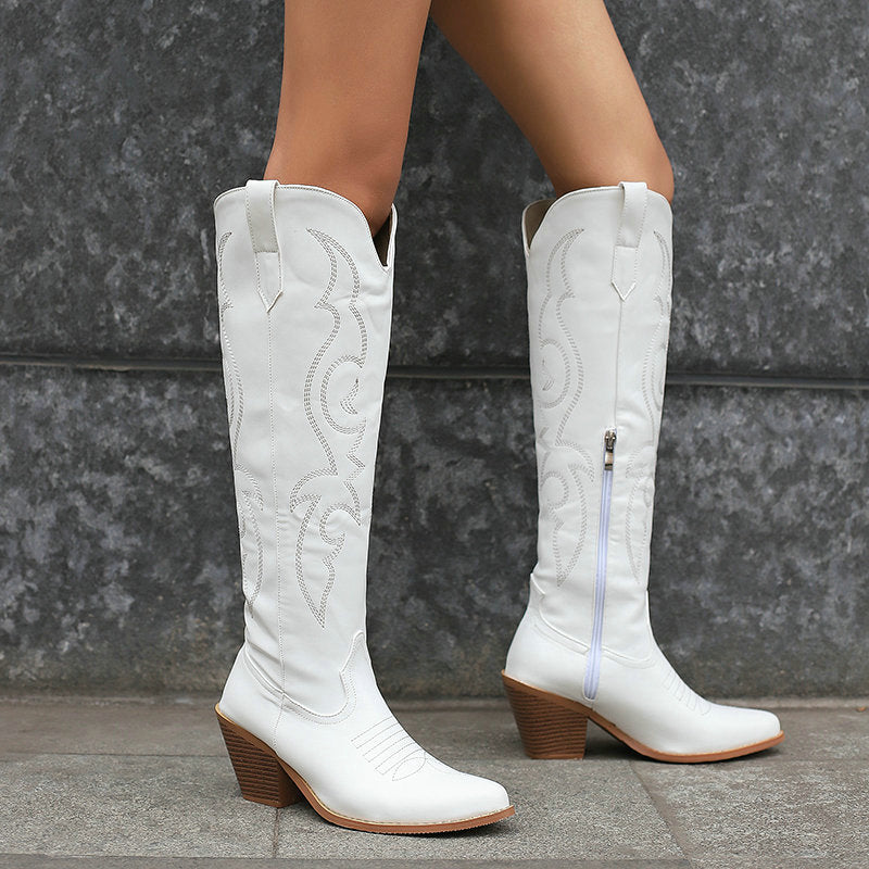 Women’s Knee-High Western Boots with Rounded Toe and Block Heel