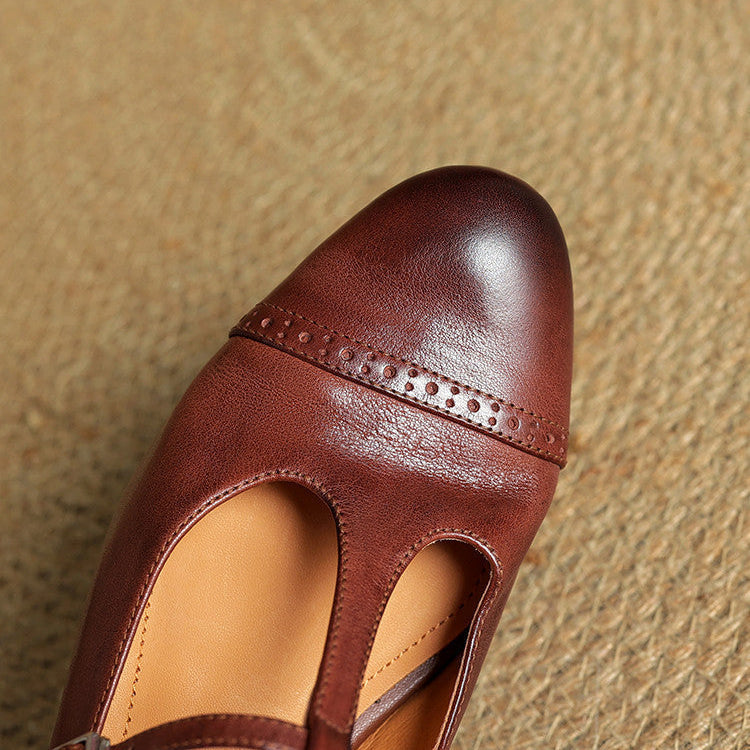 Women's Classic Mary Jane Shoes - T-Strap Buckle - Cowhide Leather - Low Heel