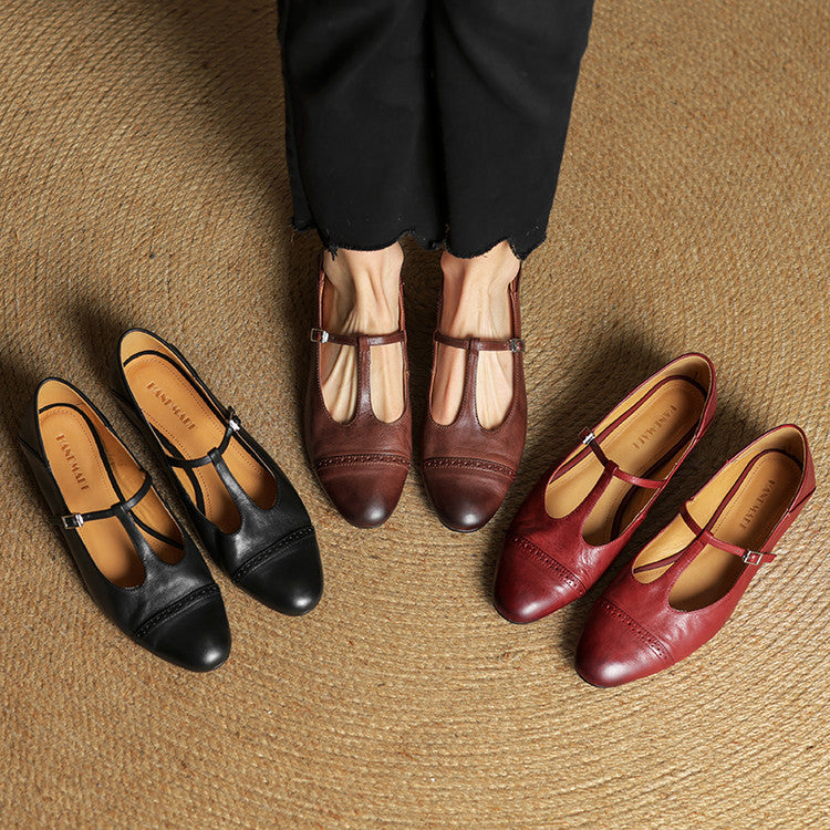Women's Classic Mary Jane Shoes - T-Strap Buckle - Cowhide Leather - Low Heel