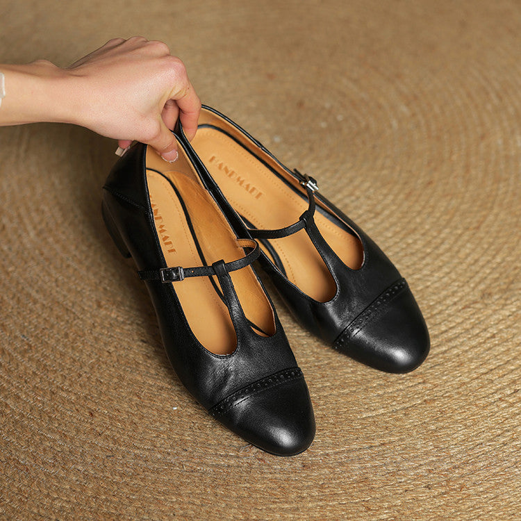 Women's Classic Mary Jane Shoes - T-Strap Buckle - Cowhide Leather - Low Heel
