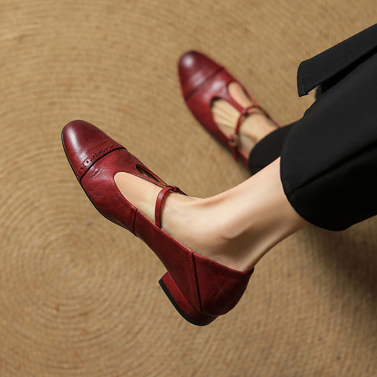 Women's Classic Mary Jane Shoes - T-Strap Buckle - Cowhide Leather - Low Heel