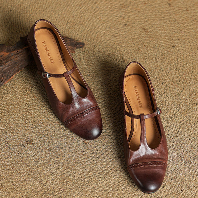 Women's Classic Mary Jane Shoes - T-Strap Buckle - Cowhide Leather - Low Heel