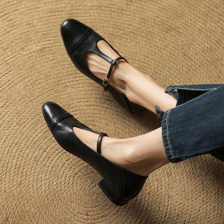 Women's Classic Mary Jane Shoes - T-Strap Buckle - Cowhide Leather - Low Heel