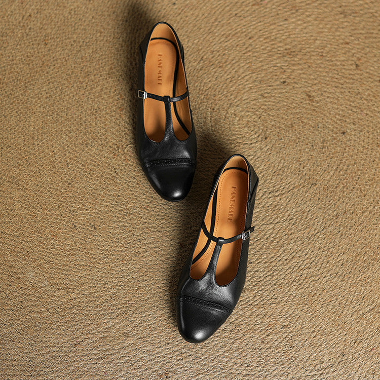 Women's Classic Mary Jane Shoes - T-Strap Buckle - Cowhide Leather - Low Heel