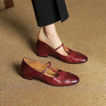 Women's Classic Mary Jane Shoes - T-Strap Buckle - Cowhide Leather - Low Heel