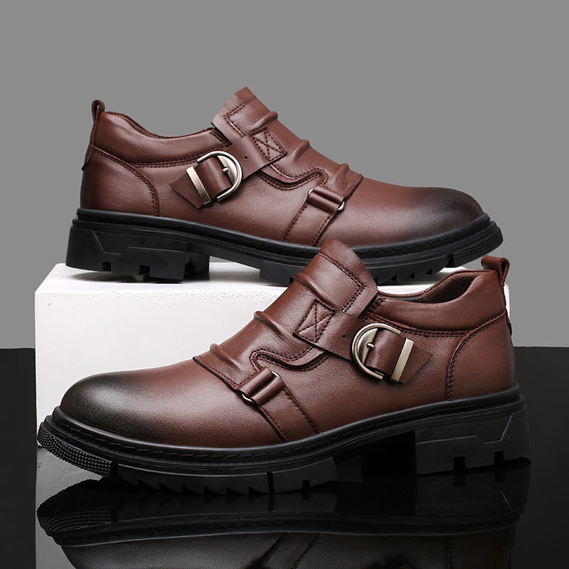Men’s Buckle Strap Leather Shoes – Casual Smart Slip-On with Side Zipper