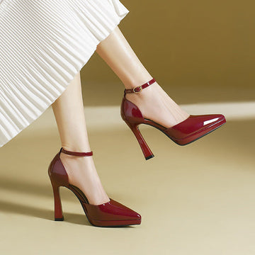 Women’s Patent Leather Ankle Strap High Heels – Elegant Pointed Toe Pumps
