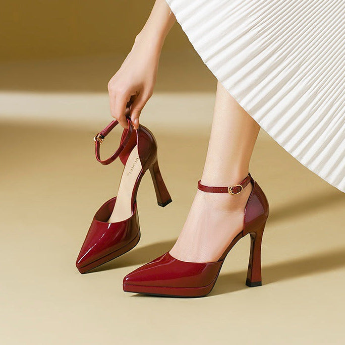 Women’s Patent Leather Ankle Strap High Heels – Elegant Pointed Toe Pumps