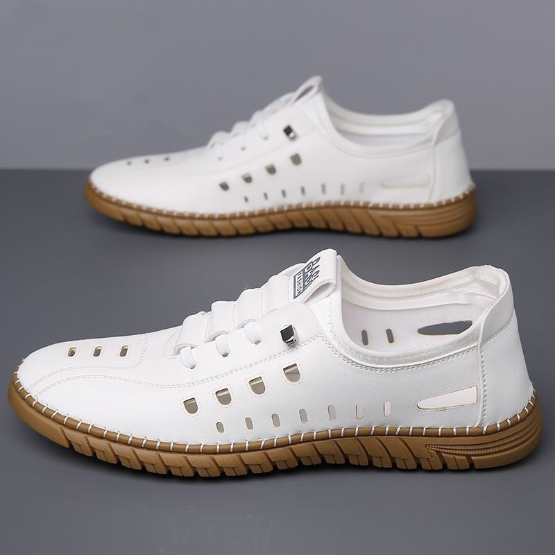 Men's Perforated Cutout Sneakers - Lace-Up - Low-Top - Textured Sole