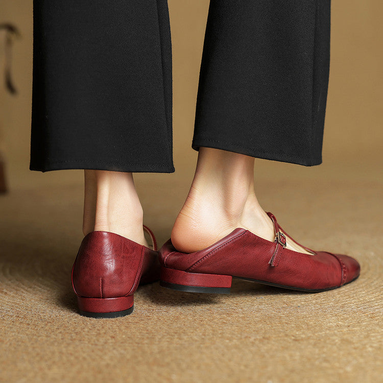 Women's Classic Mary Jane Shoes - T-Strap Buckle - Cowhide Leather - Low Heel