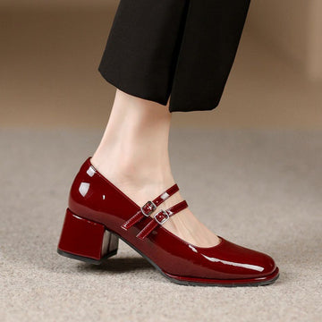 Women's Mary Jane Heels - Genuine Leather Double-Strap Block Heel Pumps