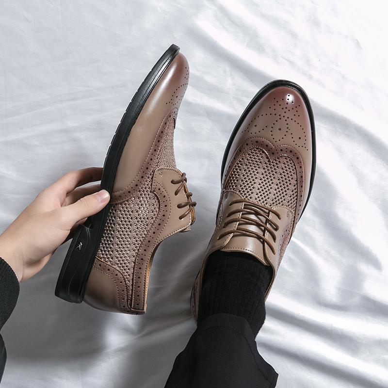 Men’s Almond Toe Lace-Up Dress Shoes with Perforated Wingtip Detail and Block Heel