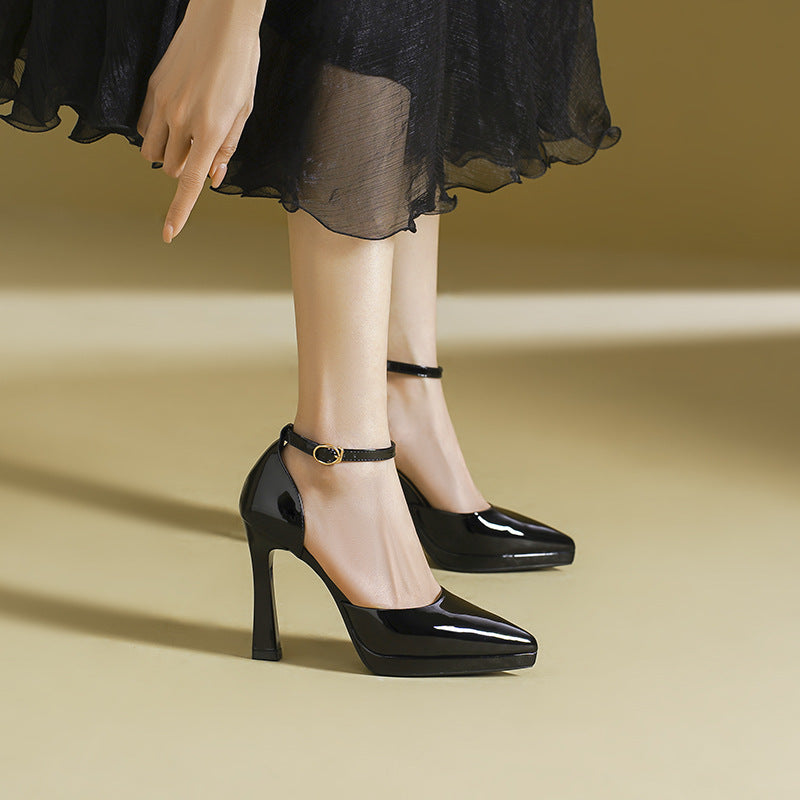 Women’s Patent Leather Ankle Strap High Heels – Elegant Pointed Toe Pumps