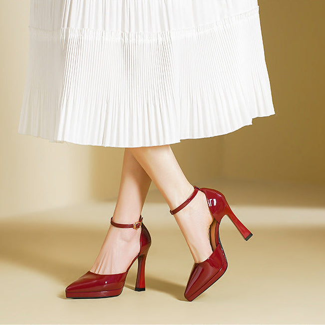 Women’s Patent Leather Ankle Strap High Heels – Elegant Pointed Toe Pumps