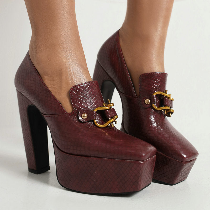 Women's Platform Heels – Square Toe Block Heel Loafer Pump with Metal Chain Detail