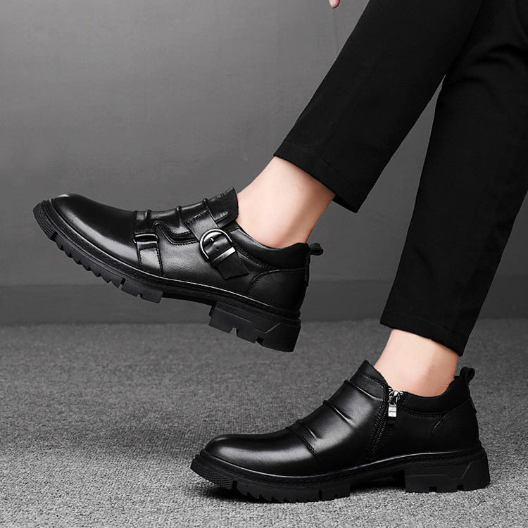 Men’s Buckle Strap Leather Shoes – Casual Smart Slip-On with Side Zipper